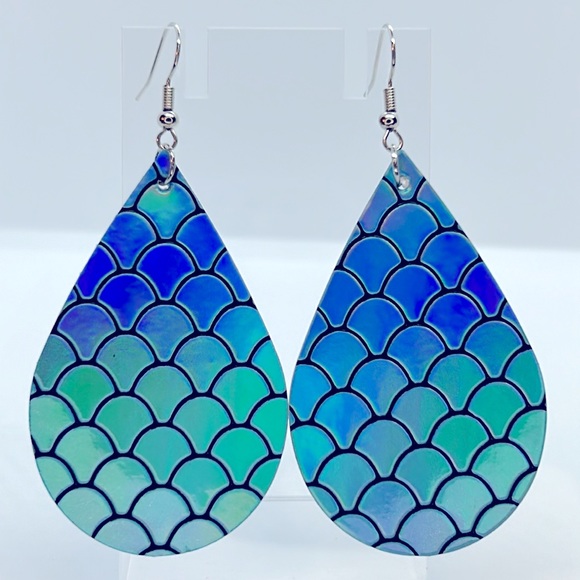 Jewelry - Faux Leather Teardrop Earrings Mermaid Blue Iridescent